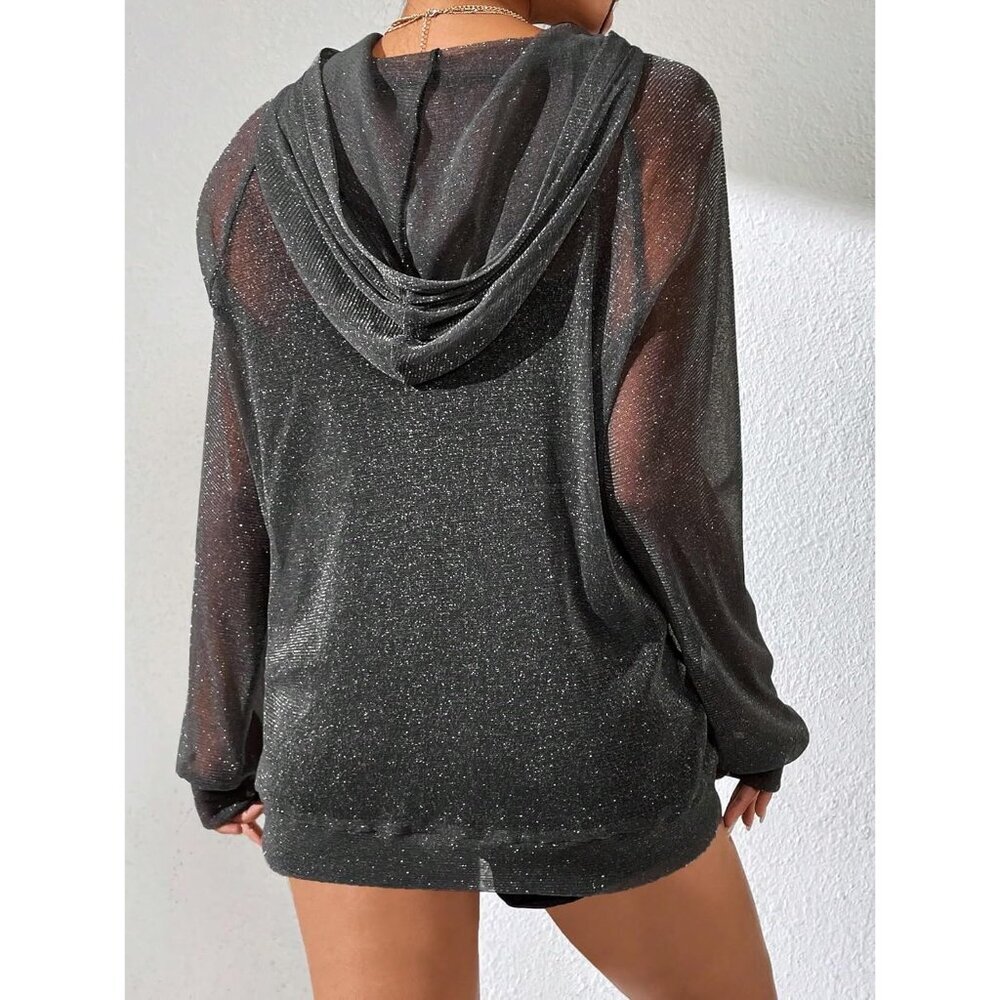 Women's Glitter Sheer Mesh Long Sleeve Oversized Pullover Hoodie Top - Picture 2 of 5